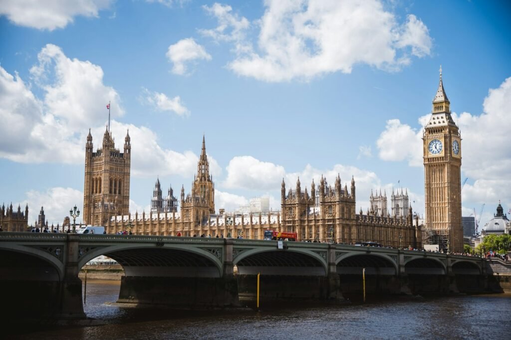 Houses of Parliament and Big Ben across Westminster Bridge in London, UK