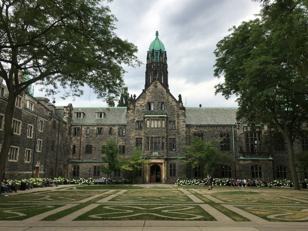 Historic university college building and courtyard in Toronto, Canada